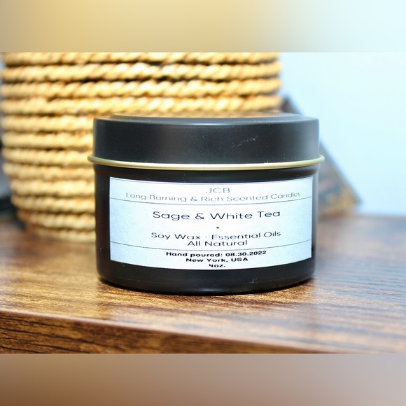 Sage & White Tea Scented Natural Soy Wax Candle Essential Oils Hand Poured 4 oz - Picture 2 of 5
